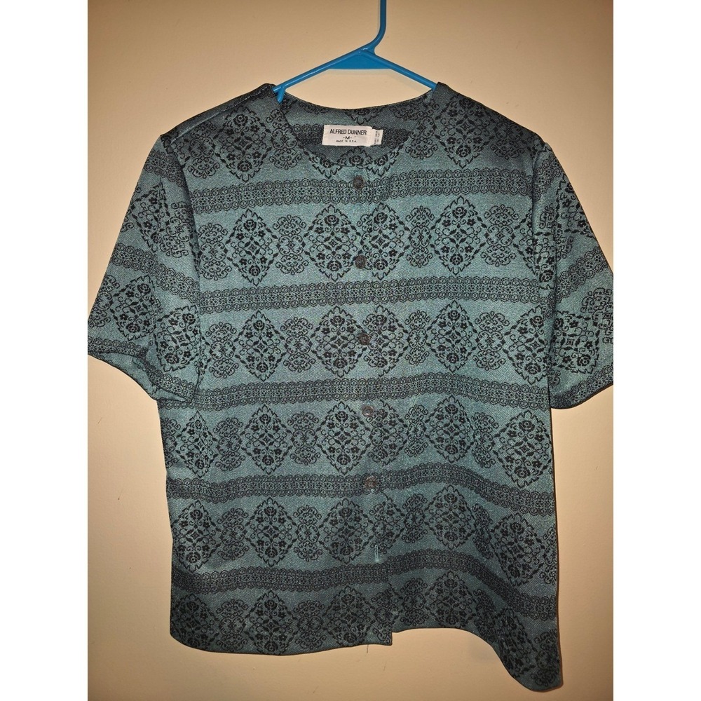 Alfred Dunner Vintage Teal Blue Damask Button Up Blouse Short Sleeve Womens M